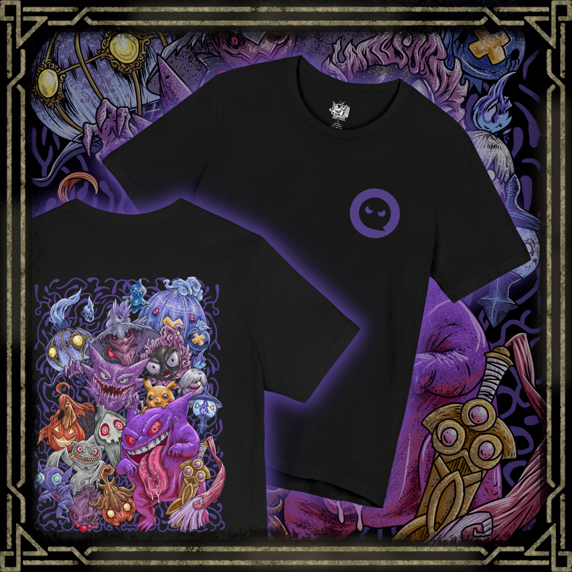 Thumbnail of a T-Shirt artwork depicting iconic Ghost-type Pokémon gathered within an ancient haunted forest, surrounded by floating wisps, twisted trees, and spectral flames. Ethereal fog blankets the ground while ghostly silhouettes emerge from the shadows. The design reflects the eerie beauty, mischievous personalities, and supernatural powers that have made Ghost-type Pokémon some of the most beloved creatures in the franchise.