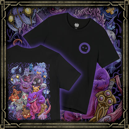 Thumbnail of a T-Shirt artwork depicting iconic Ghost-type Pokémon gathered within an ancient haunted forest, surrounded by floating wisps, twisted trees, and spectral flames. Ethereal fog blankets the ground while ghostly silhouettes emerge from the shadows. The design reflects the eerie beauty, mischievous personalities, and supernatural powers that have made Ghost-type Pokémon some of the most beloved creatures in the franchise.