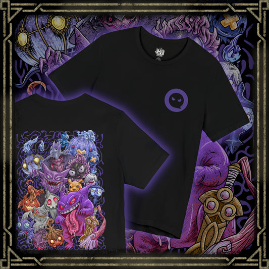 Thumbnail of a T-Shirt artwork depicting iconic Ghost-type Pokémon gathered within an ancient haunted forest, surrounded by floating wisps, twisted trees, and spectral flames. Ethereal fog blankets the ground while ghostly silhouettes emerge from the shadows. The design reflects the eerie beauty, mischievous personalities, and supernatural powers that have made Ghost-type Pokémon some of the most beloved creatures in the franchise.