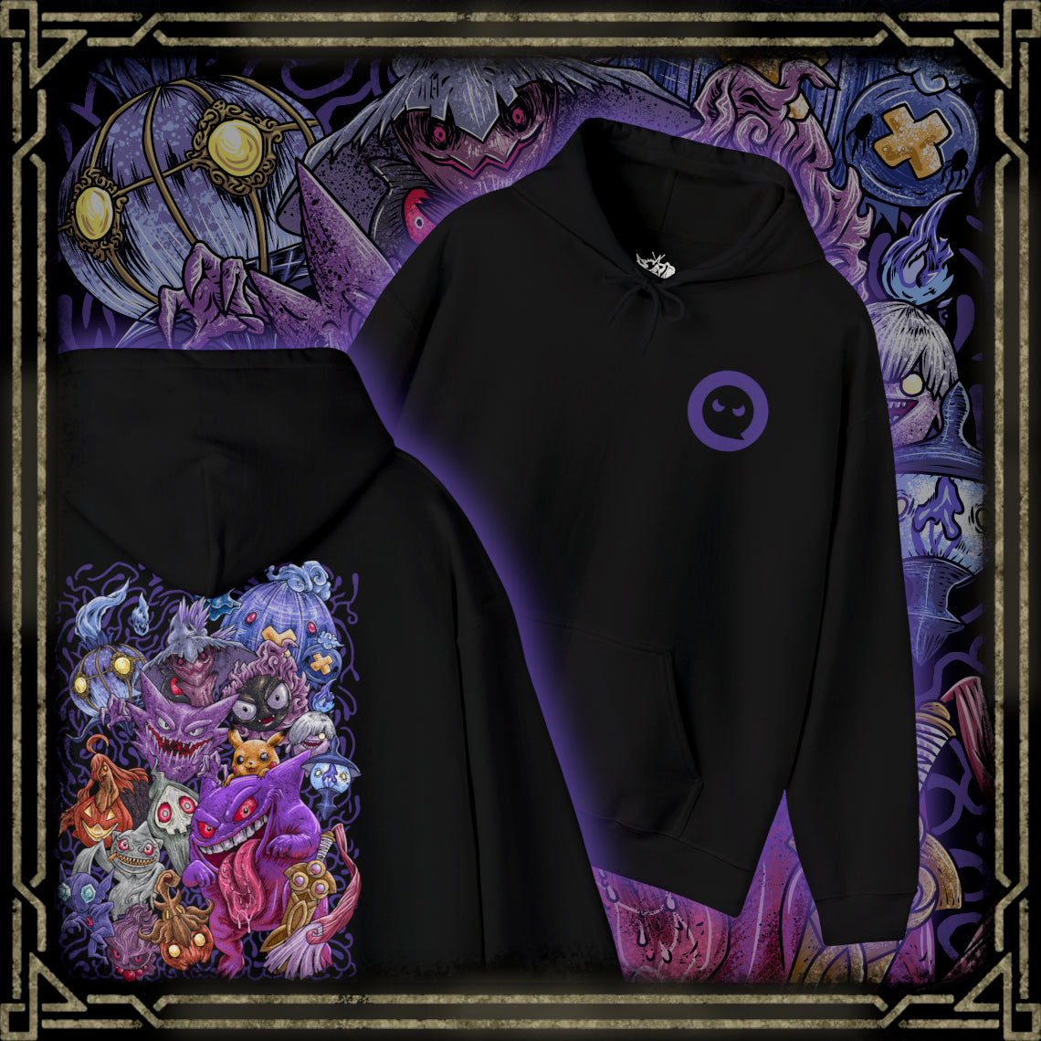 Thumbnail of a Hooded Sweatshirt of a dimensional rift filled with Ghost Pokémon and drifting souls. Haunted lanterns, mysterious runes, and spectral flames illuminate the darkness as phantom figures materialize from beyond. The composition emphasizes mystery, otherworldly power, and the chilling yet captivating presence that defines Ghost-type Pokémon throughout the Pokémon universe.