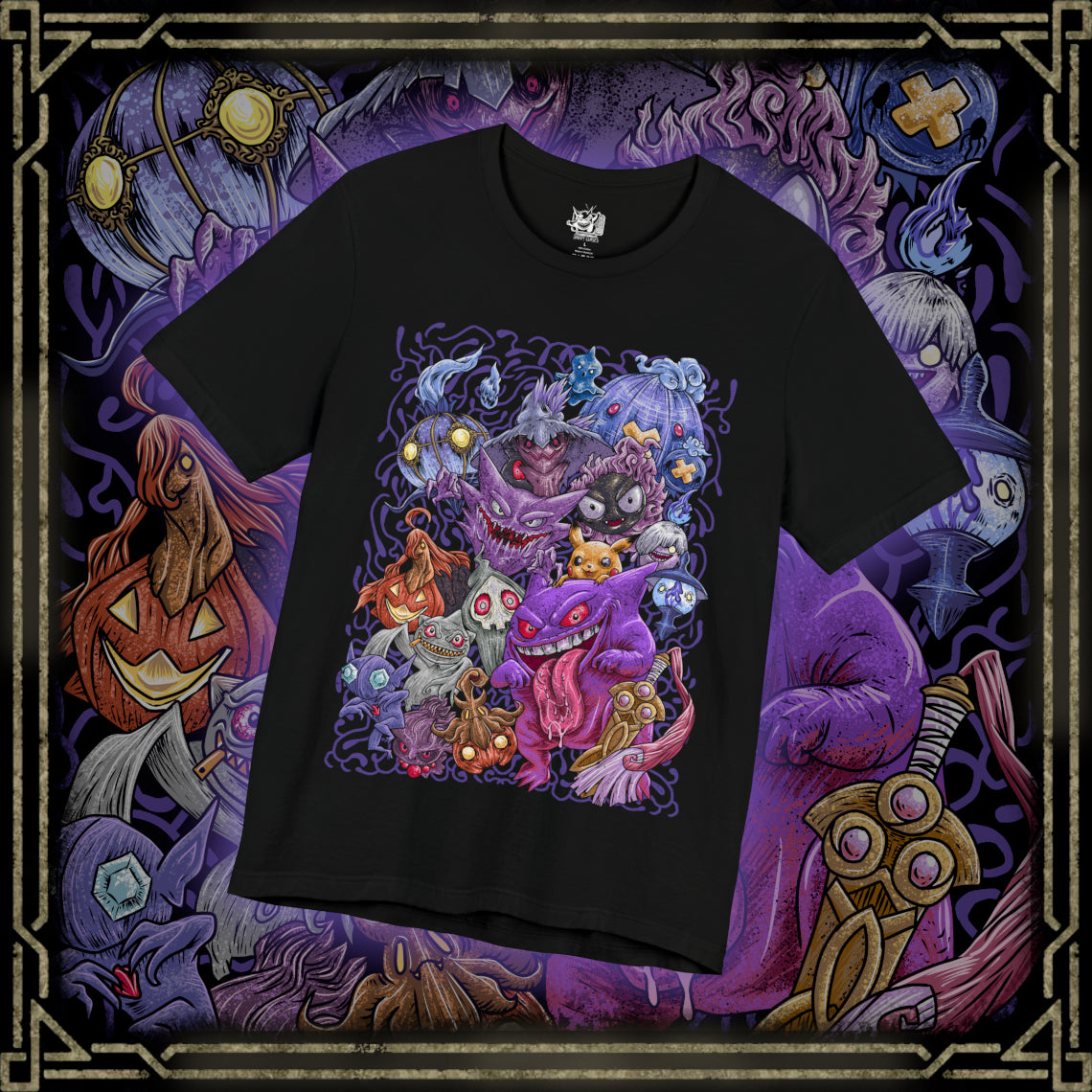 Thumbnail of a T-Shirt design featuring a collection of Ghost-type Pokémon emerging from a swirling spectral mist beneath a full moon. Shadowy apparitions drift through a haunted graveyard as glowing eyes pierce the darkness from every direction. Purple ghostly energy surrounds the scene, capturing the mysterious, supernatural nature of Ghost-type Pokémon and their connection to spirits, curses, and the unknown.