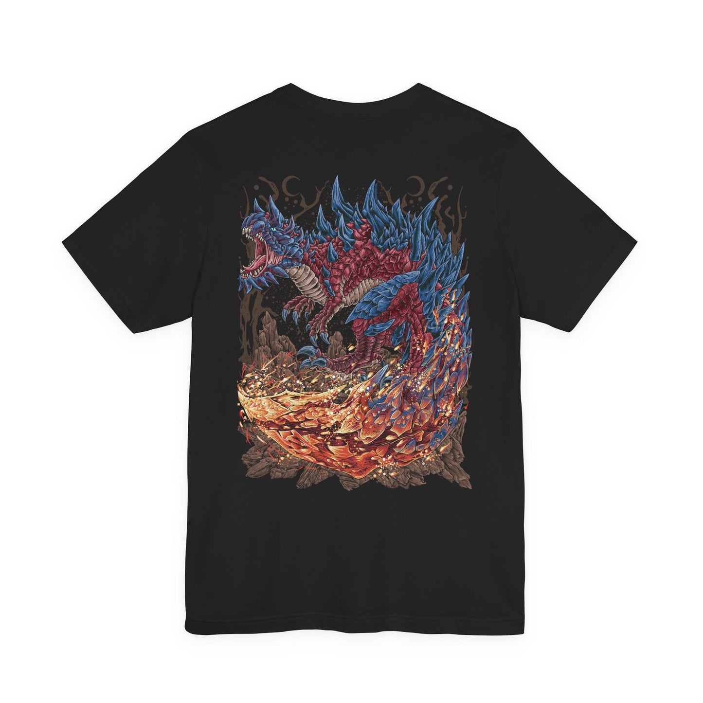 Image 5 of a T-Shirt artwork depicting Glavenus dragging its colossal blade tail across rocky terrain, igniting the earth as blazing embers and smoke trail behind each movement. Its armored crimson scales shimmer beneath the heat while towering cliffs frame the battlefield. This design reflects Glavenus' mastery of fiery melee combat, combining brute force, calculated strikes, and relentless aggression against any hunter that dares challenge it.
