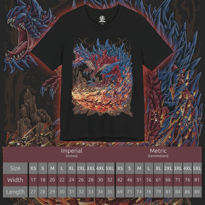 Size chart of a T-Shirt artwork depicting Glavenus dragging its colossal blade tail across rocky terrain, igniting the earth as blazing embers and smoke trail behind each movement. Its armored crimson scales shimmer beneath the heat while towering cliffs frame the battlefield. This design reflects Glavenus' mastery of fiery melee combat, combining brute force, calculated strikes, and relentless aggression against any hunter that dares challenge it.