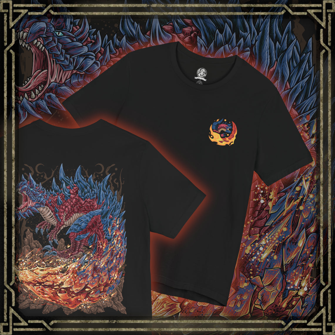Thumbnail of a T-Shirt artwork depicting Glavenus dragging its colossal blade tail across rocky terrain, igniting the earth as blazing embers and smoke trail behind each movement. Its armored crimson scales shimmer beneath the heat while towering cliffs frame the battlefield. This design reflects Glavenus' mastery of fiery melee combat, combining brute force, calculated strikes, and relentless aggression against any hunter that dares challenge it.