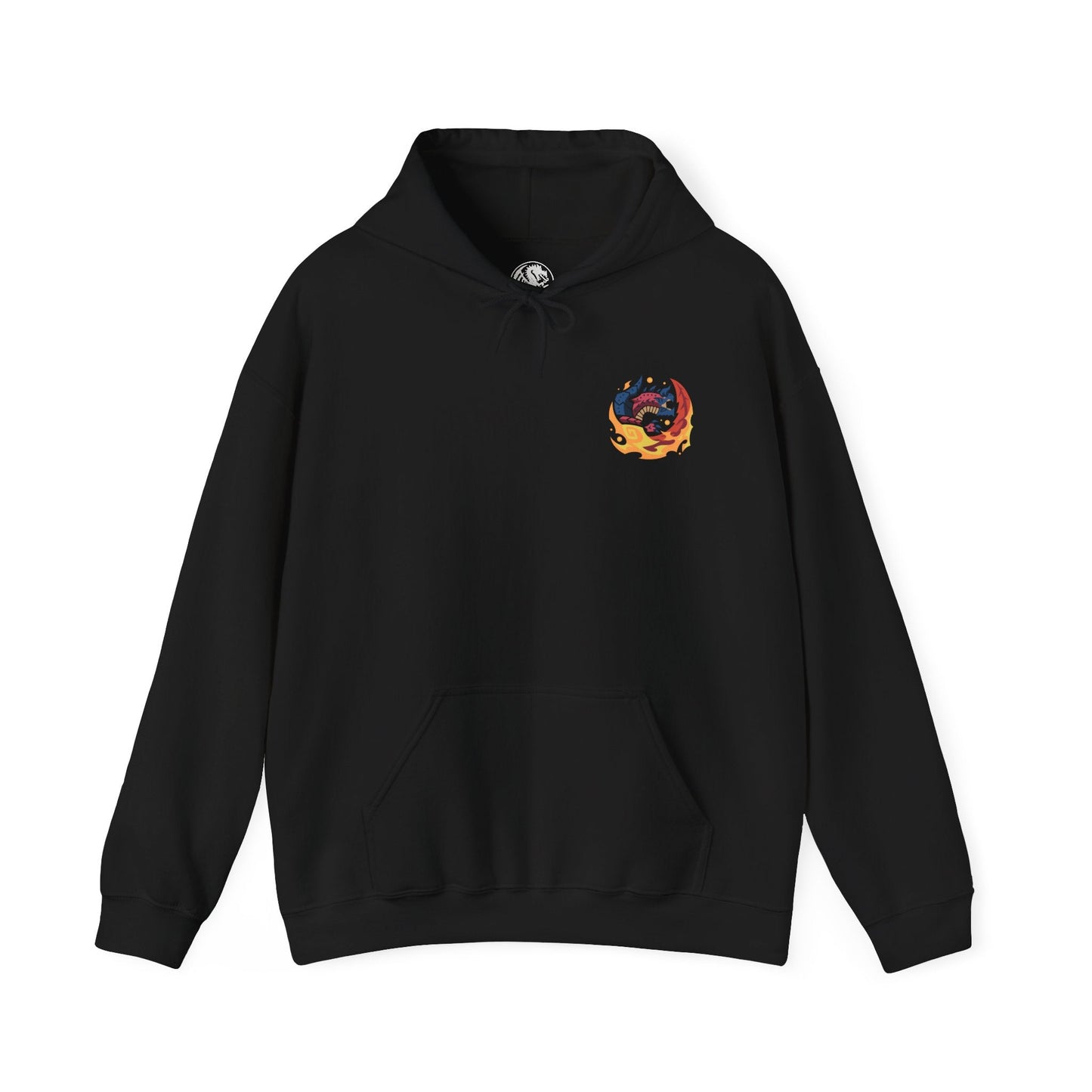 Image 4 of a Hooded Sweatshirt of Glavenus raising its sharpened tail high before delivering a devastating flaming slash, sending molten sparks and shattered stone into the air. Its muscular body dominates the volcanic landscape as heat waves distort the horizon and ash falls from above. The composition emphasizes explosive power, sword-like precision, and the fearsome reputation of one of Monster Hunter's most legendary Brute Wyverns.