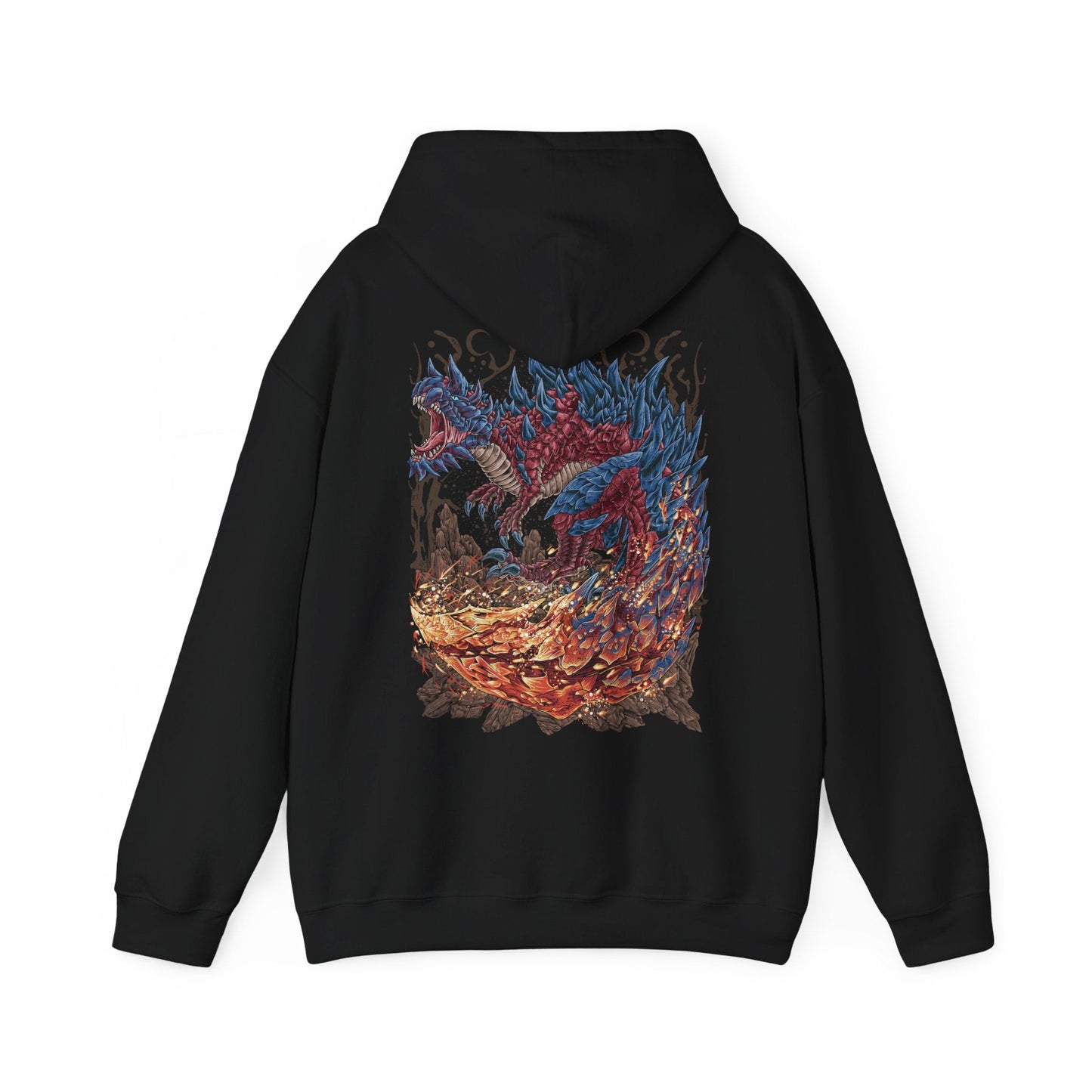 Image 5 of a Hooded Sweatshirt of Glavenus raising its sharpened tail high before delivering a devastating flaming slash, sending molten sparks and shattered stone into the air. Its muscular body dominates the volcanic landscape as heat waves distort the horizon and ash falls from above. The composition emphasizes explosive power, sword-like precision, and the fearsome reputation of one of Monster Hunter's most legendary Brute Wyverns.