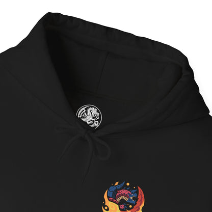 Folded Hooded Sweatshirt of Glavenus raising its sharpened tail high before delivering a devastating flaming slash, sending molten sparks and shattered stone into the air. Its muscular body dominates the volcanic landscape as heat waves distort the horizon and ash falls from above. The composition emphasizes explosive power, sword-like precision, and the fearsome reputation of one of Monster Hunter's most legendary Brute Wyverns.
