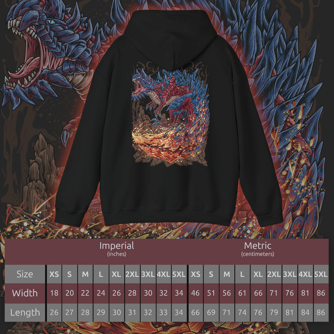 Size chart of a Hooded Sweatshirt of Glavenus raising its sharpened tail high before delivering a devastating flaming slash, sending molten sparks and shattered stone into the air. Its muscular body dominates the volcanic landscape as heat waves distort the horizon and ash falls from above. The composition emphasizes explosive power, sword-like precision, and the fearsome reputation of one of Monster Hunter's most legendary Brute Wyverns.