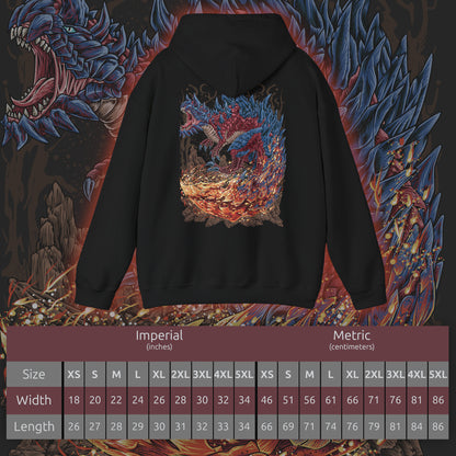 Size chart of a Hooded Sweatshirt of Glavenus raising its sharpened tail high before delivering a devastating flaming slash, sending molten sparks and shattered stone into the air. Its muscular body dominates the volcanic landscape as heat waves distort the horizon and ash falls from above. The composition emphasizes explosive power, sword-like precision, and the fearsome reputation of one of Monster Hunter's most legendary Brute Wyverns.