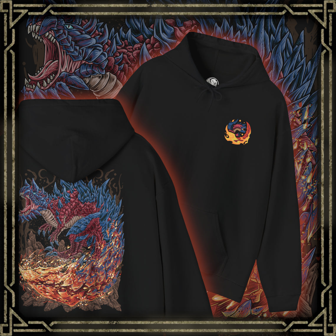 Thumbnail of a Hooded Sweatshirt of Glavenus raising its sharpened tail high before delivering a devastating flaming slash, sending molten sparks and shattered stone into the air. Its muscular body dominates the volcanic landscape as heat waves distort the horizon and ash falls from above. The composition emphasizes explosive power, sword-like precision, and the fearsome reputation of one of Monster Hunter's most legendary Brute Wyverns.