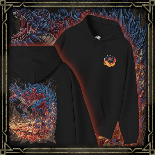 Thumbnail of a Hooded Sweatshirt of Glavenus raising its sharpened tail high before delivering a devastating flaming slash, sending molten sparks and shattered stone into the air. Its muscular body dominates the volcanic landscape as heat waves distort the horizon and ash falls from above. The composition emphasizes explosive power, sword-like precision, and the fearsome reputation of one of Monster Hunter's most legendary Brute Wyverns.