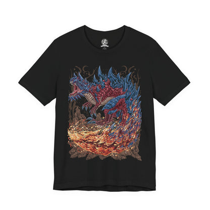 Image 4 of a T-Shirt design of Glavenus from Monster Hunter, towering over a scorched battlefield as its massive blade-like tail glows red-hot from repeated sharpening. Sparks burst with every swing while flames and molten debris scatter across the ground. The design captures the Brute Wyvern's signature sword-tail combat style, immense physical strength, and the devastating precision that makes Glavenus one of the most iconic monsters in the series.
