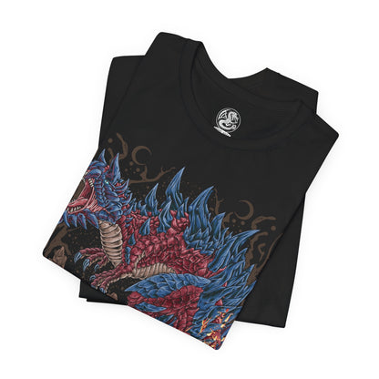 Image 5 of a T-Shirt design of Glavenus from Monster Hunter, towering over a scorched battlefield as its massive blade-like tail glows red-hot from repeated sharpening. Sparks burst with every swing while flames and molten debris scatter across the ground. The design captures the Brute Wyvern's signature sword-tail combat style, immense physical strength, and the devastating precision that makes Glavenus one of the most iconic monsters in the series.