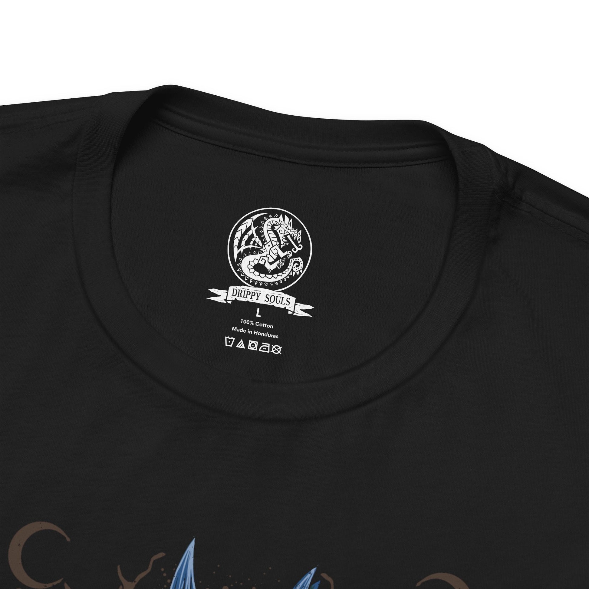 Folded T-Shirt design of Glavenus from Monster Hunter, towering over a scorched battlefield as its massive blade-like tail glows red-hot from repeated sharpening. Sparks burst with every swing while flames and molten debris scatter across the ground. The design captures the Brute Wyvern's signature sword-tail combat style, immense physical strength, and the devastating precision that makes Glavenus one of the most iconic monsters in the series.