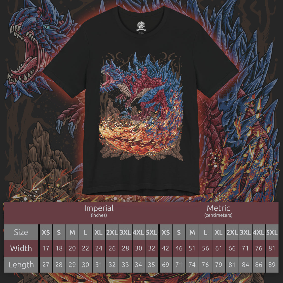 Size chart of a T-Shirt design of Glavenus from Monster Hunter, towering over a scorched battlefield as its massive blade-like tail glows red-hot from repeated sharpening. Sparks burst with every swing while flames and molten debris scatter across the ground. The design captures the Brute Wyvern's signature sword-tail combat style, immense physical strength, and the devastating precision that makes Glavenus one of the most iconic monsters in the series.