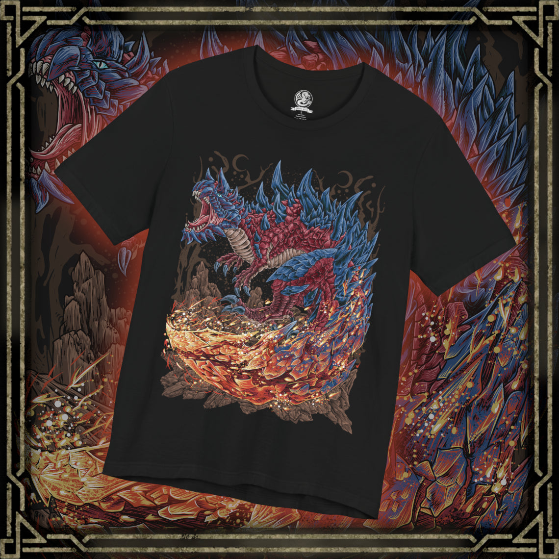 Thumbnail of a T-Shirt design of Glavenus from Monster Hunter, towering over a scorched battlefield as its massive blade-like tail glows red-hot from repeated sharpening. Sparks burst with every swing while flames and molten debris scatter across the ground. The design captures the Brute Wyvern's signature sword-tail combat style, immense physical strength, and the devastating precision that makes Glavenus one of the most iconic monsters in the series.