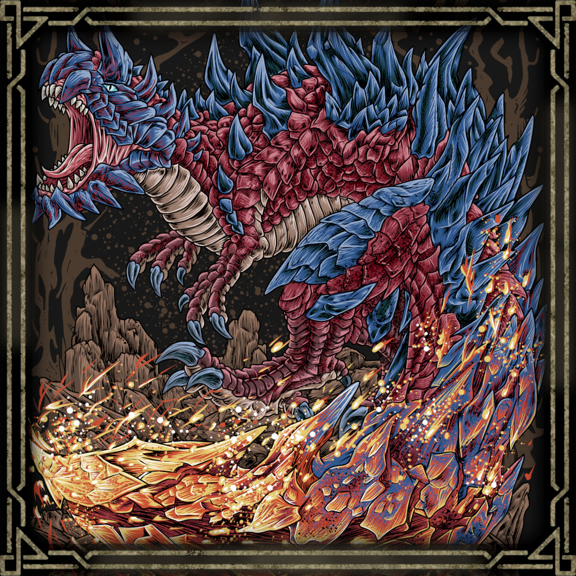 Wallpaper of Glavenus the Scorching Blade. Known as the Blazing Blade Wyvern, Glavenus combines brute strength with surprising precision, using sword-like tail attacks, crushing bites, and fiery explosions to dominate the battlefield. Its signature combat style makes every encounter feel like a duel against a living weapon. Within the Monster Hunter, Glavenus symbolizes power, skill, and relentless aggression.
