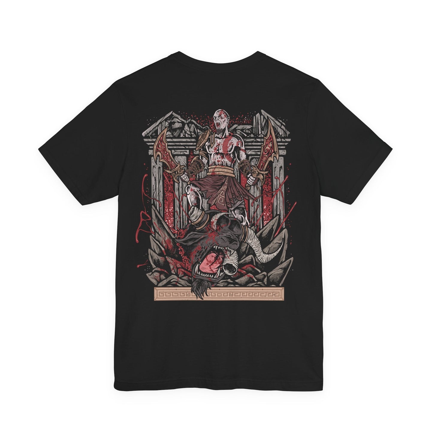 Image 5 of a T-Shirt artwork depicting Kratos overpowering a massive Minotaur during an intense battle, chains from the Blades of Chaos blazing with fire as the beast roars in agony. Ancient Greek ruins crumble beneath their struggle while dust and embers fill the air. This design reflects the savage violence and cinematic boss encounters that define the original God of War saga.