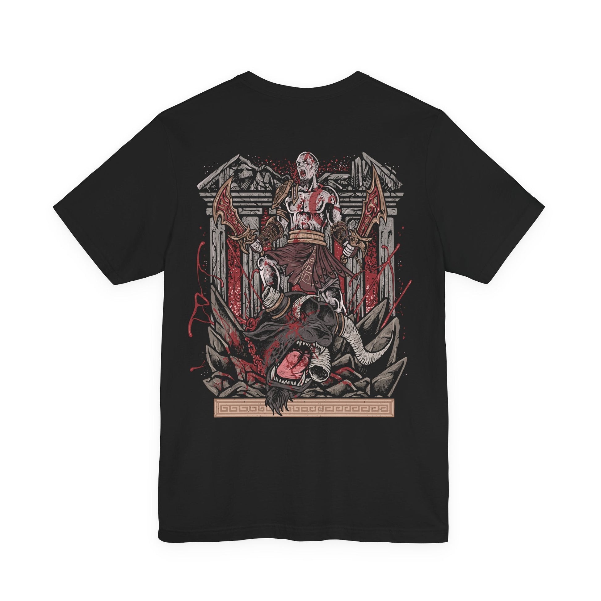 Image 5 of a T-Shirt artwork depicting Kratos overpowering a massive Minotaur during an intense battle, chains from the Blades of Chaos blazing with fire as the beast roars in agony. Ancient Greek ruins crumble beneath their struggle while dust and embers fill the air. This design reflects the savage violence and cinematic boss encounters that define the original God of War saga.