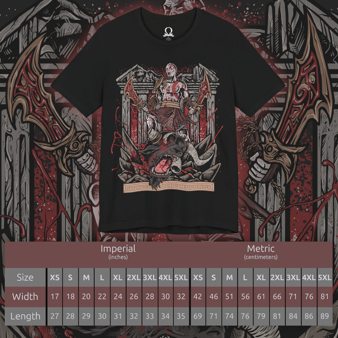 Size chart of a T-Shirt artwork depicting Kratos overpowering a massive Minotaur during an intense battle, chains from the Blades of Chaos blazing with fire as the beast roars in agony. Ancient Greek ruins crumble beneath their struggle while dust and embers fill the air. This design reflects the savage violence and cinematic boss encounters that define the original God of War saga.