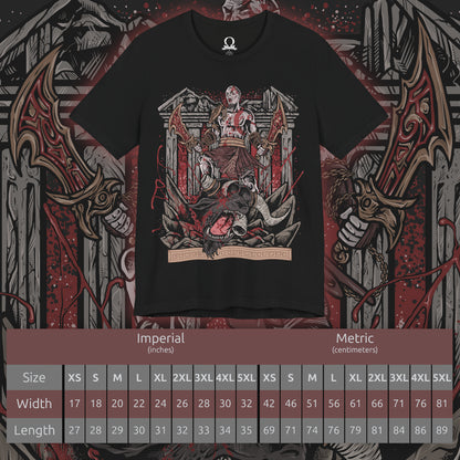 Size chart of a T-Shirt artwork depicting Kratos overpowering a massive Minotaur during an intense battle, chains from the Blades of Chaos blazing with fire as the beast roars in agony. Ancient Greek ruins crumble beneath their struggle while dust and embers fill the air. This design reflects the savage violence and cinematic boss encounters that define the original God of War saga.