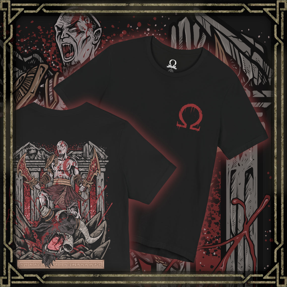 Thumbnail of a T-Shirt artwork depicting Kratos overpowering a massive Minotaur during an intense battle, chains from the Blades of Chaos blazing with fire as the beast roars in agony. Ancient Greek ruins crumble beneath their struggle while dust and embers fill the air. This design reflects the savage violence and cinematic boss encounters that define the original God of War saga.