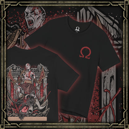 Thumbnail of a T-Shirt artwork depicting Kratos overpowering a massive Minotaur during an intense battle, chains from the Blades of Chaos blazing with fire as the beast roars in agony. Ancient Greek ruins crumble beneath their struggle while dust and embers fill the air. This design reflects the savage violence and cinematic boss encounters that define the original God of War saga.