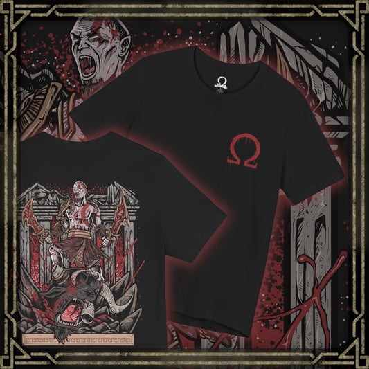 Thumbnail of a T-Shirt artwork depicting Kratos overpowering a massive Minotaur during an intense battle, chains from the Blades of Chaos blazing with fire as the beast roars in agony. Ancient Greek ruins crumble beneath their struggle while dust and embers fill the air. This design reflects the savage violence and cinematic boss encounters that define the original God of War saga.