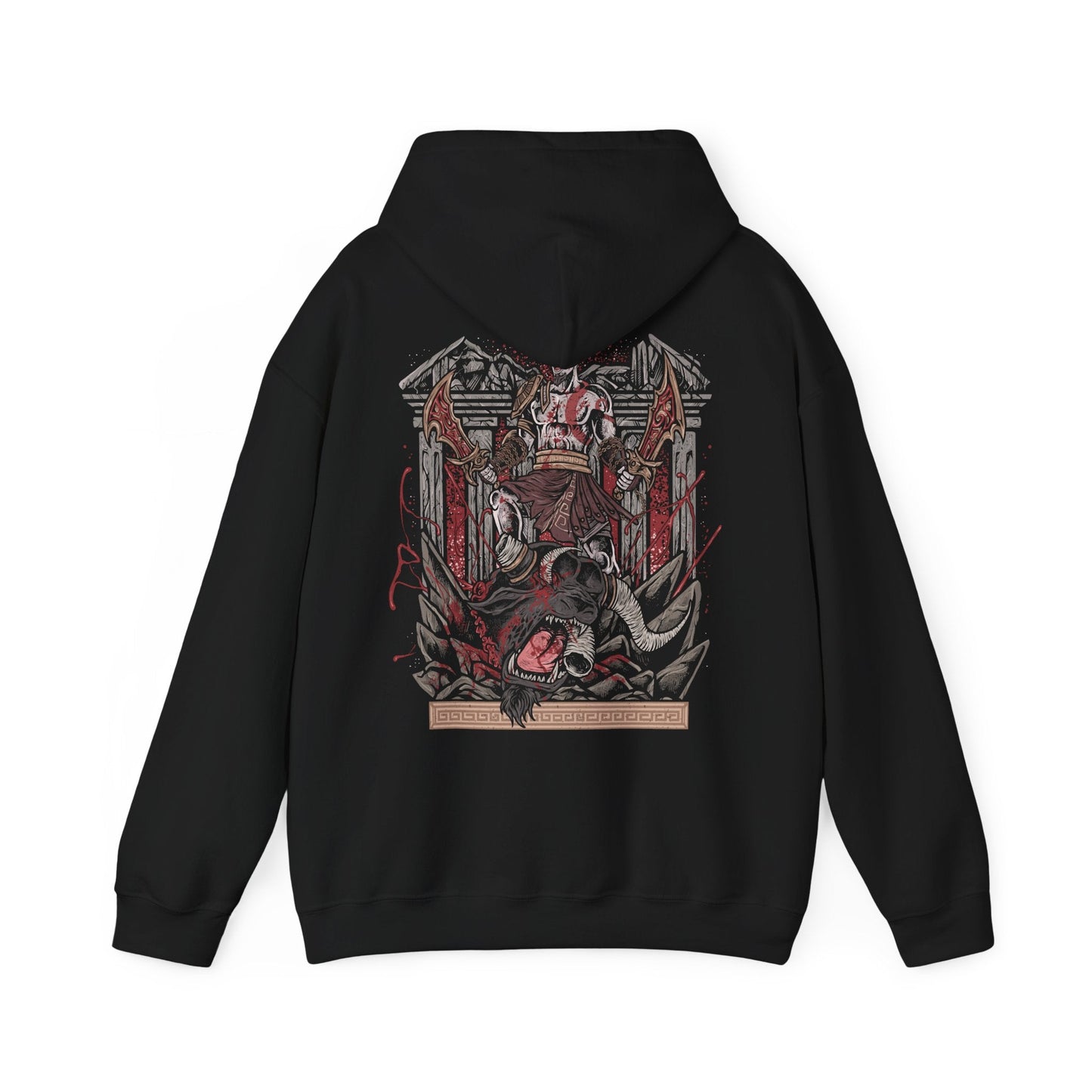 Image 5 of a Hooded Sweatshirt of Kratos delivering the final blow to a fearsome Minotaur, his ash-covered body illuminated by the fiery glow of the Blades of Chaos. The monster collapses amid broken columns and debris as the battlefield echoes with the aftermath of the brutal execution. The composition emphasizes raw power, vengeance, and the unstoppable wrath of the Ghost of Sparta against the beasts of Greek mythology.