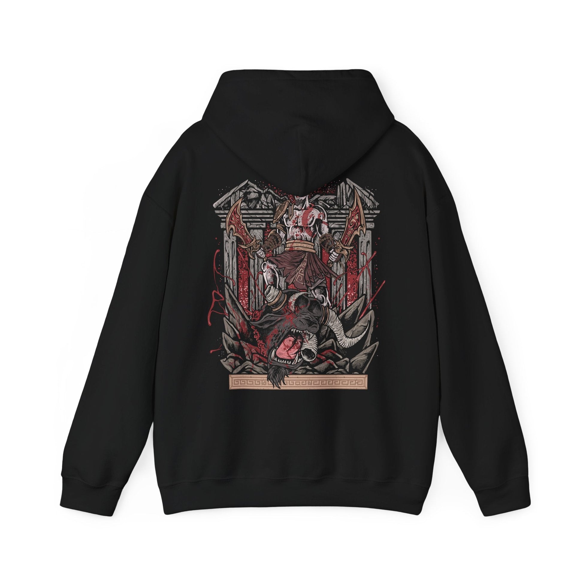 Image 5 of a Hooded Sweatshirt of Kratos delivering the final blow to a fearsome Minotaur, his ash-covered body illuminated by the fiery glow of the Blades of Chaos. The monster collapses amid broken columns and debris as the battlefield echoes with the aftermath of the brutal execution. The composition emphasizes raw power, vengeance, and the unstoppable wrath of the Ghost of Sparta against the beasts of Greek mythology.