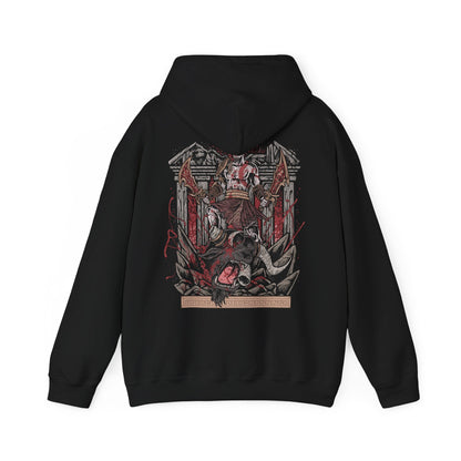 Image 5 of a Hooded Sweatshirt of Kratos delivering the final blow to a fearsome Minotaur, his ash-covered body illuminated by the fiery glow of the Blades of Chaos. The monster collapses amid broken columns and debris as the battlefield echoes with the aftermath of the brutal execution. The composition emphasizes raw power, vengeance, and the unstoppable wrath of the Ghost of Sparta against the beasts of Greek mythology.