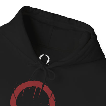 Folded Hooded Sweatshirt of Kratos delivering the final blow to a fearsome Minotaur, his ash-covered body illuminated by the fiery glow of the Blades of Chaos. The monster collapses amid broken columns and debris as the battlefield echoes with the aftermath of the brutal execution. The composition emphasizes raw power, vengeance, and the unstoppable wrath of the Ghost of Sparta against the beasts of Greek mythology.