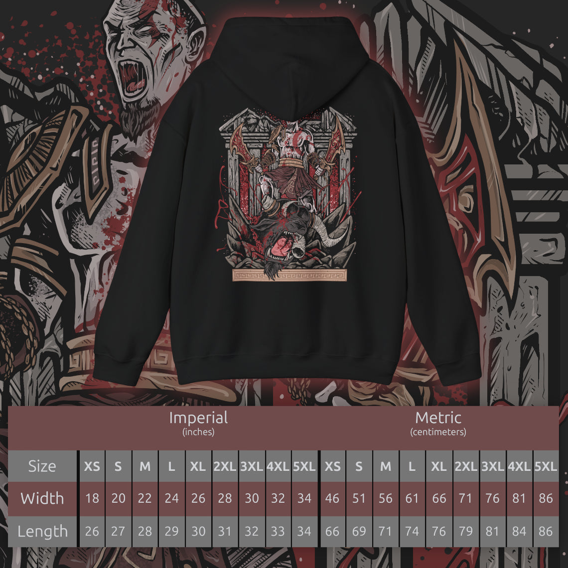 Size chart of a Hooded Sweatshirt of Kratos delivering the final blow to a fearsome Minotaur, his ash-covered body illuminated by the fiery glow of the Blades of Chaos. The monster collapses amid broken columns and debris as the battlefield echoes with the aftermath of the brutal execution. The composition emphasizes raw power, vengeance, and the unstoppable wrath of the Ghost of Sparta against the beasts of Greek mythology.