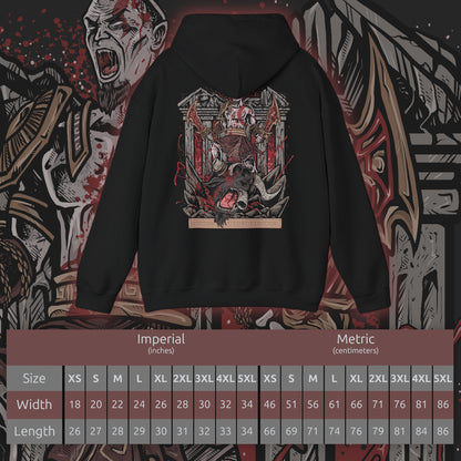 Size chart of a Hooded Sweatshirt of Kratos delivering the final blow to a fearsome Minotaur, his ash-covered body illuminated by the fiery glow of the Blades of Chaos. The monster collapses amid broken columns and debris as the battlefield echoes with the aftermath of the brutal execution. The composition emphasizes raw power, vengeance, and the unstoppable wrath of the Ghost of Sparta against the beasts of Greek mythology.