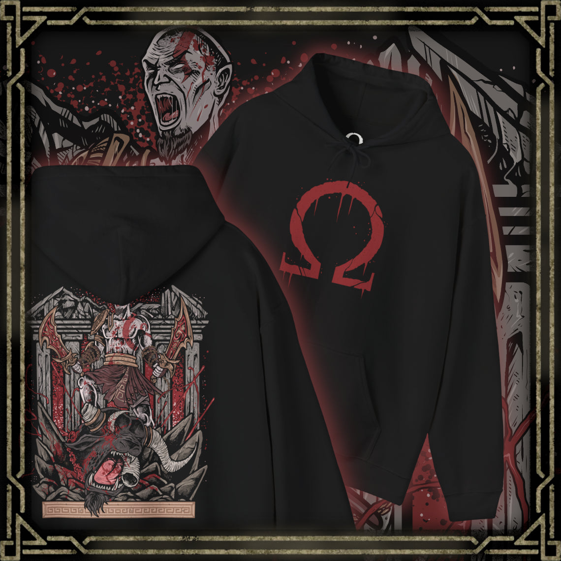 Thumbnail of a Hooded Sweatshirt of Kratos delivering the final blow to a fearsome Minotaur, his ash-covered body illuminated by the fiery glow of the Blades of Chaos. The monster collapses amid broken columns and debris as the battlefield echoes with the aftermath of the brutal execution. The composition emphasizes raw power, vengeance, and the unstoppable wrath of the Ghost of Sparta against the beasts of Greek mythology.