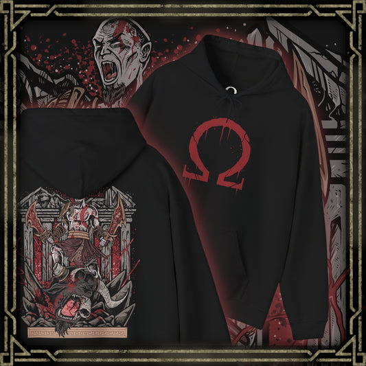 Thumbnail of a Hooded Sweatshirt of Kratos delivering the final blow to a fearsome Minotaur, his ash-covered body illuminated by the fiery glow of the Blades of Chaos. The monster collapses amid broken columns and debris as the battlefield echoes with the aftermath of the brutal execution. The composition emphasizes raw power, vengeance, and the unstoppable wrath of the Ghost of Sparta against the beasts of Greek mythology.