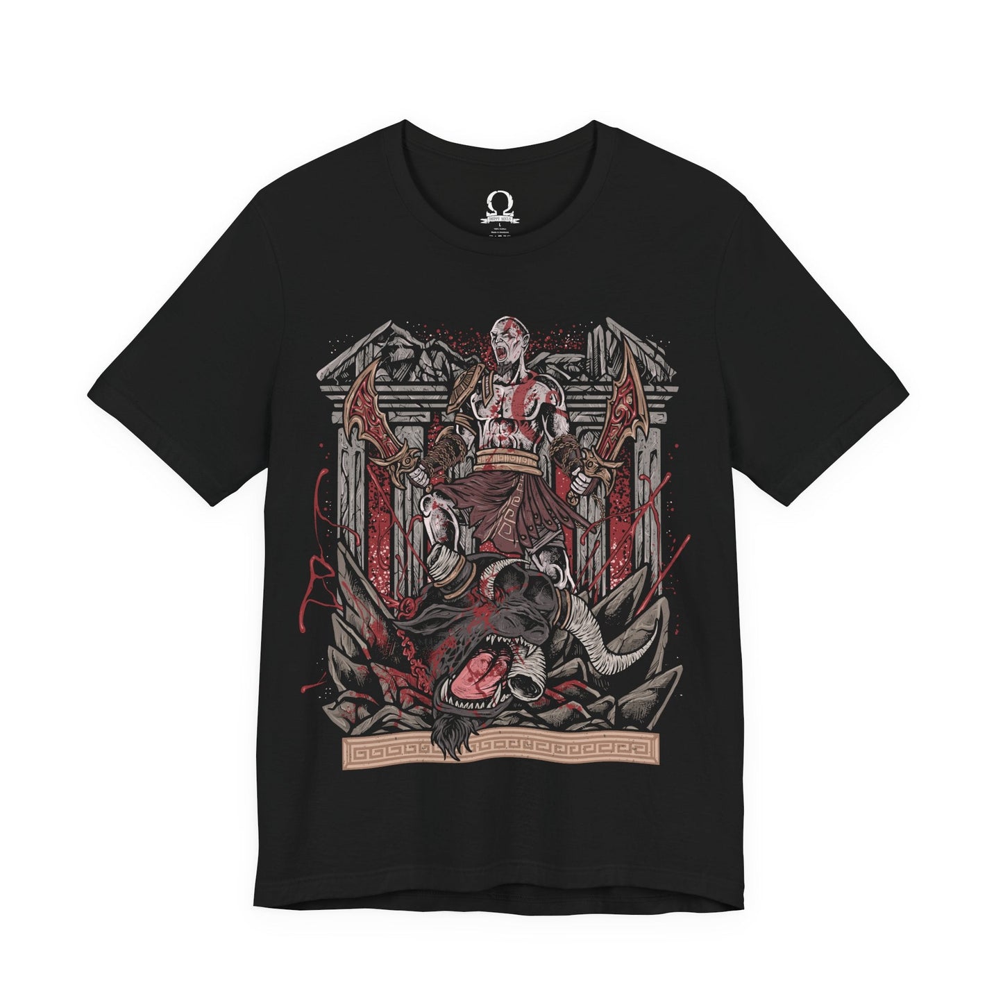 Image 4 of a T-Shirt design of Kratos from God of War battling a towering Minotaur in a brutal clash of strength and fury. The Ghost of Sparta drives the Blades of Chaos through the monstrous beast as sparks, blood, and shattered stone erupt around them. The design captures Kratos' legendary brutality, relentless combat style, and his unyielding quest to destroy every mythological creature standing in his path.