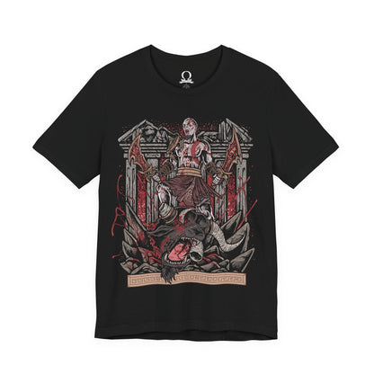 Image 4 of a T-Shirt design of Kratos from God of War battling a towering Minotaur in a brutal clash of strength and fury. The Ghost of Sparta drives the Blades of Chaos through the monstrous beast as sparks, blood, and shattered stone erupt around them. The design captures Kratos' legendary brutality, relentless combat style, and his unyielding quest to destroy every mythological creature standing in his path.