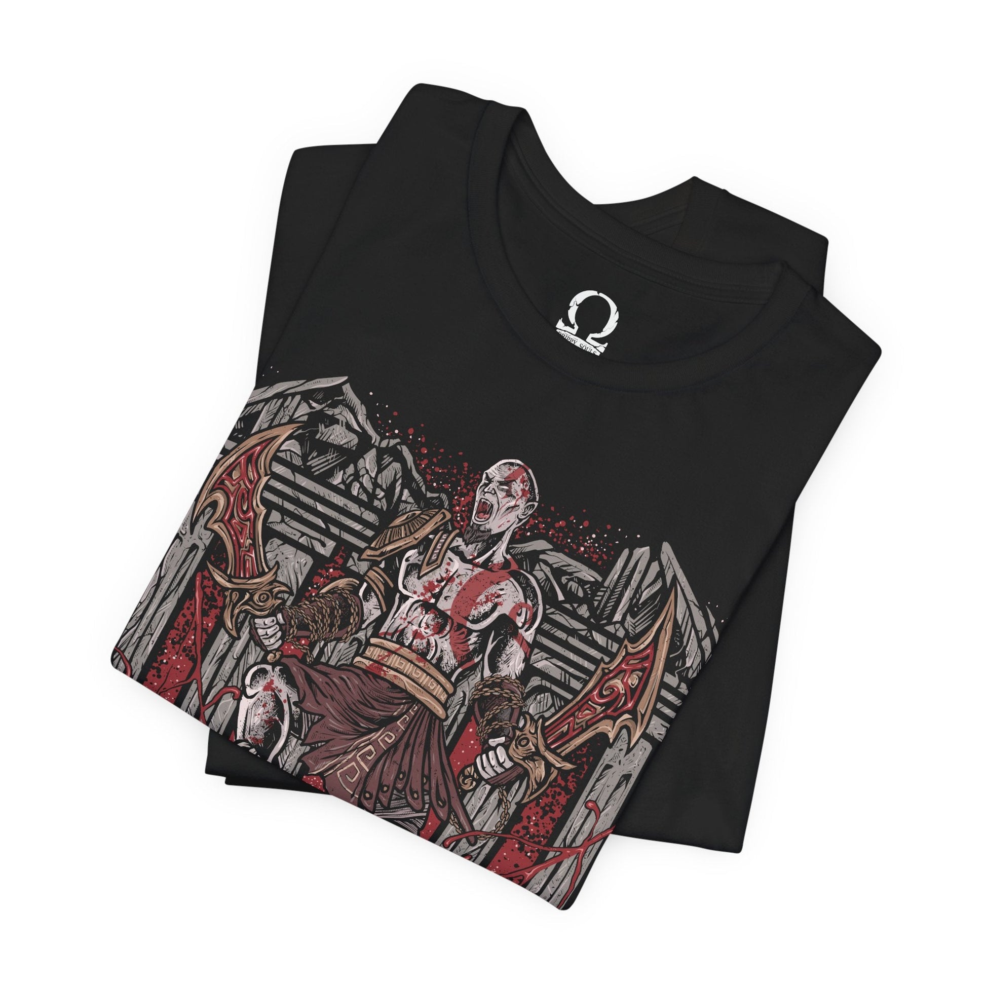 Image 5 of a T-Shirt design of Kratos from God of War battling a towering Minotaur in a brutal clash of strength and fury. The Ghost of Sparta drives the Blades of Chaos through the monstrous beast as sparks, blood, and shattered stone erupt around them. The design captures Kratos' legendary brutality, relentless combat style, and his unyielding quest to destroy every mythological creature standing in his path.