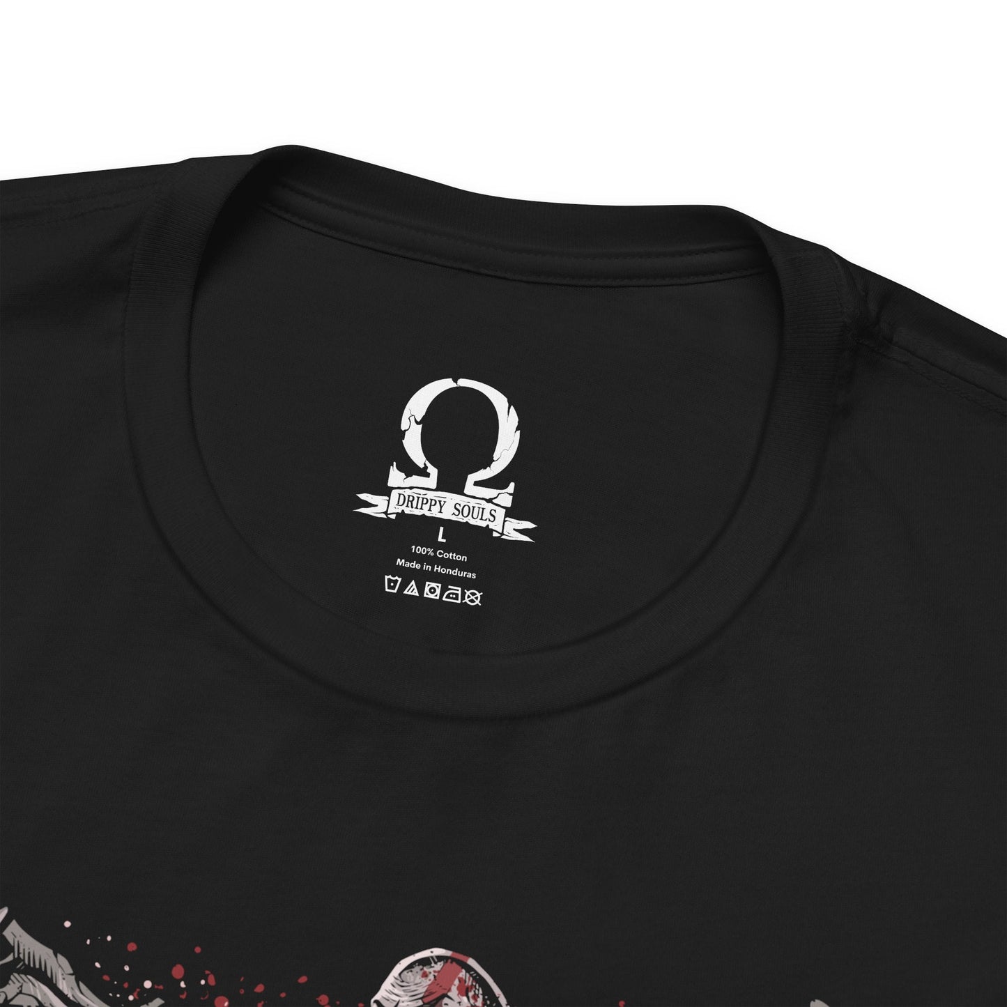 Folded T-Shirt design of Kratos from God of War battling a towering Minotaur in a brutal clash of strength and fury. The Ghost of Sparta drives the Blades of Chaos through the monstrous beast as sparks, blood, and shattered stone erupt around them. The design captures Kratos' legendary brutality, relentless combat style, and his unyielding quest to destroy every mythological creature standing in his path.