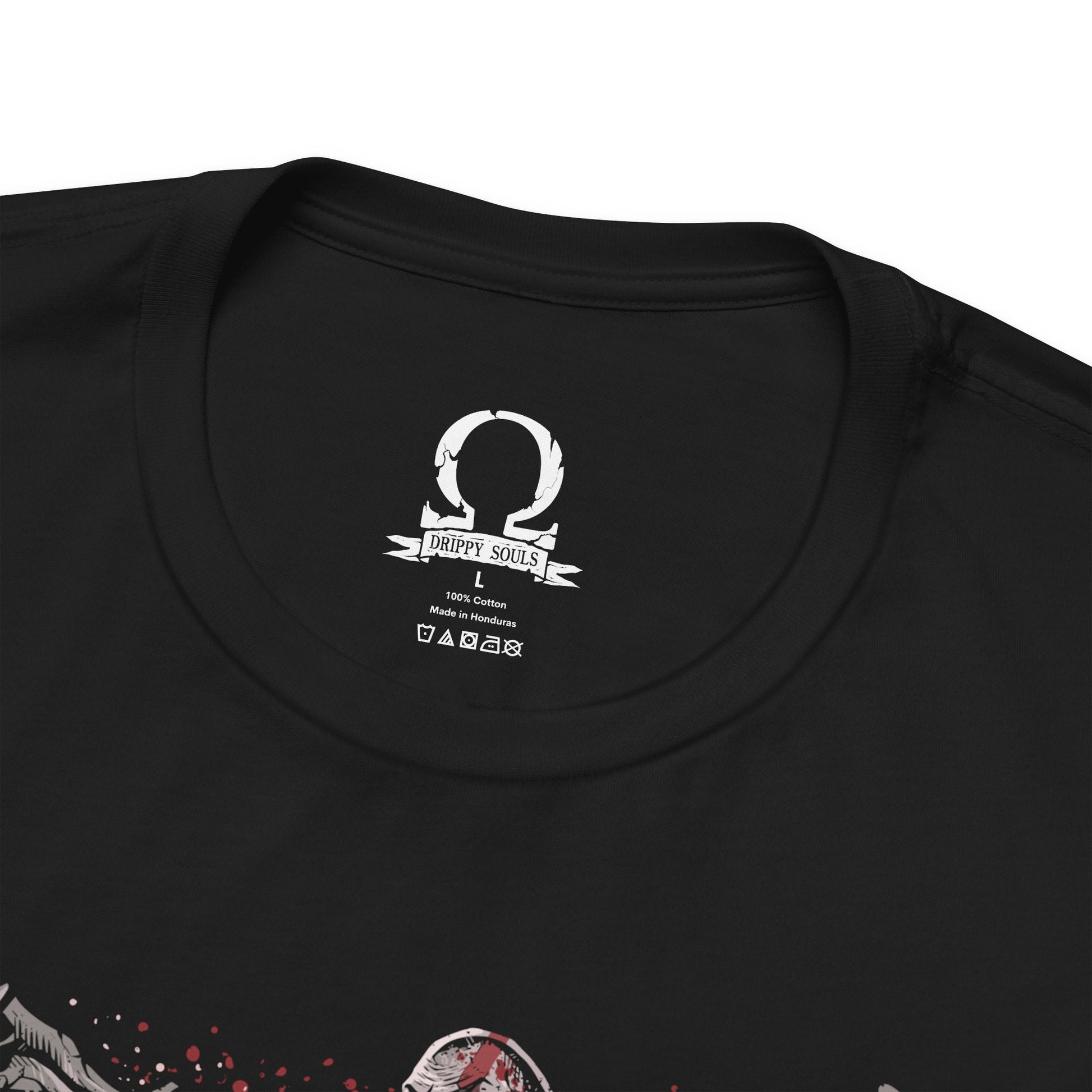 Folded T-Shirt design of Kratos from God of War battling a towering Minotaur in a brutal clash of strength and fury. The Ghost of Sparta drives the Blades of Chaos through the monstrous beast as sparks, blood, and shattered stone erupt around them. The design captures Kratos' legendary brutality, relentless combat style, and his unyielding quest to destroy every mythological creature standing in his path.