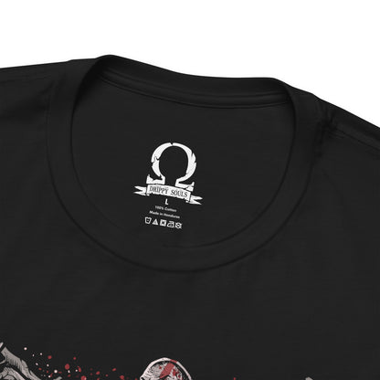 Folded T-Shirt design of Kratos from God of War battling a towering Minotaur in a brutal clash of strength and fury. The Ghost of Sparta drives the Blades of Chaos through the monstrous beast as sparks, blood, and shattered stone erupt around them. The design captures Kratos' legendary brutality, relentless combat style, and his unyielding quest to destroy every mythological creature standing in his path.