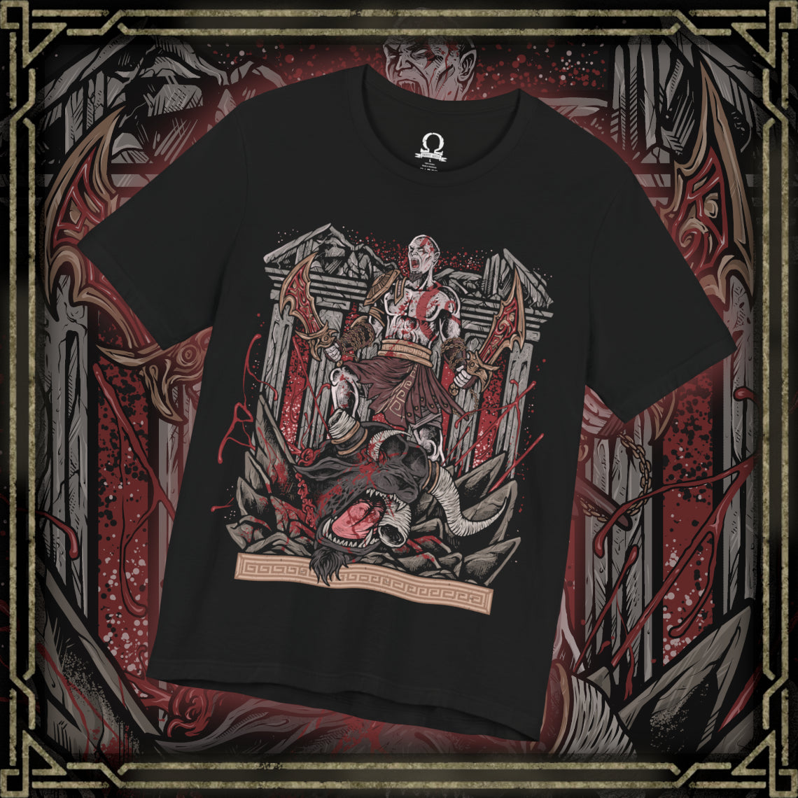 Thumbnail of a T-Shirt design of Kratos from God of War battling a towering Minotaur in a brutal clash of strength and fury. The Ghost of Sparta drives the Blades of Chaos through the monstrous beast as sparks, blood, and shattered stone erupt around them. The design captures Kratos' legendary brutality, relentless combat style, and his unyielding quest to destroy every mythological creature standing in his path.