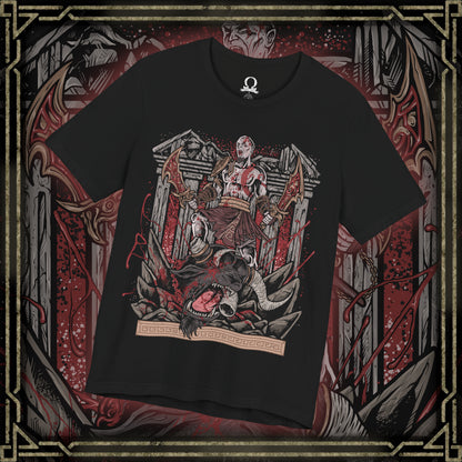 Thumbnail of a T-Shirt design of Kratos from God of War battling a towering Minotaur in a brutal clash of strength and fury. The Ghost of Sparta drives the Blades of Chaos through the monstrous beast as sparks, blood, and shattered stone erupt around them. The design captures Kratos' legendary brutality, relentless combat style, and his unyielding quest to destroy every mythological creature standing in his path.