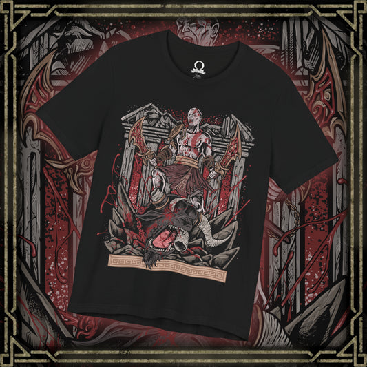 Thumbnail of a T-Shirt design of Kratos from God of War battling a towering Minotaur in a brutal clash of strength and fury. The Ghost of Sparta drives the Blades of Chaos through the monstrous beast as sparks, blood, and shattered stone erupt around them. The design captures Kratos' legendary brutality, relentless combat style, and his unyielding quest to destroy every mythological creature standing in his path.