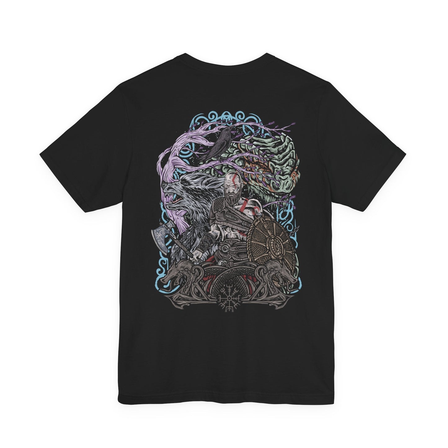 Image 5 of a T-Shirt artwork depicting Kratos advancing through a storm-filled battlefield, his iconic red tattoo and ash-covered skin illuminated by flashes of lightning. The Leviathan Axe radiates frost while fiery chains from the Blades of Chaos carve through the air. This design reflects Kratos' evolution from a vengeful god-slayer into a hardened father facing the prophecy and devastation of Ragnarök.