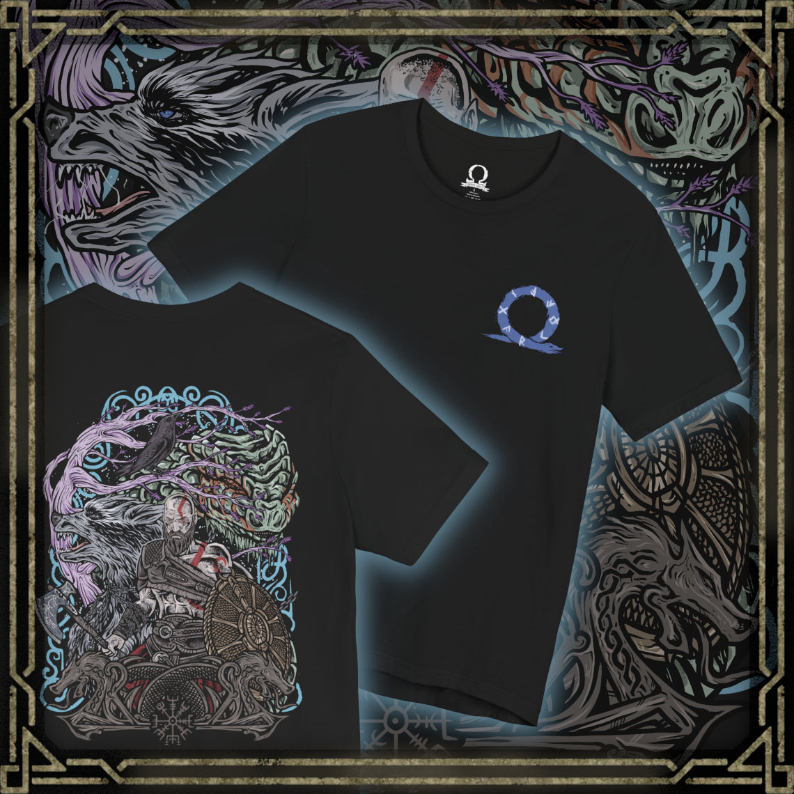 Thumbnail of a T-Shirt artwork depicting Kratos advancing through a storm-filled battlefield, his iconic red tattoo and ash-covered skin illuminated by flashes of lightning. The Leviathan Axe radiates frost while fiery chains from the Blades of Chaos carve through the air. This design reflects Kratos' evolution from a vengeful god-slayer into a hardened father facing the prophecy and devastation of Ragnarök.