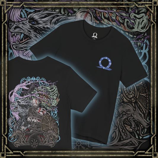 Thumbnail of a T-Shirt artwork depicting Kratos advancing through a storm-filled battlefield, his iconic red tattoo and ash-covered skin illuminated by flashes of lightning. The Leviathan Axe radiates frost while fiery chains from the Blades of Chaos carve through the air. This design reflects Kratos' evolution from a vengeful god-slayer into a hardened father facing the prophecy and devastation of Ragnarök.