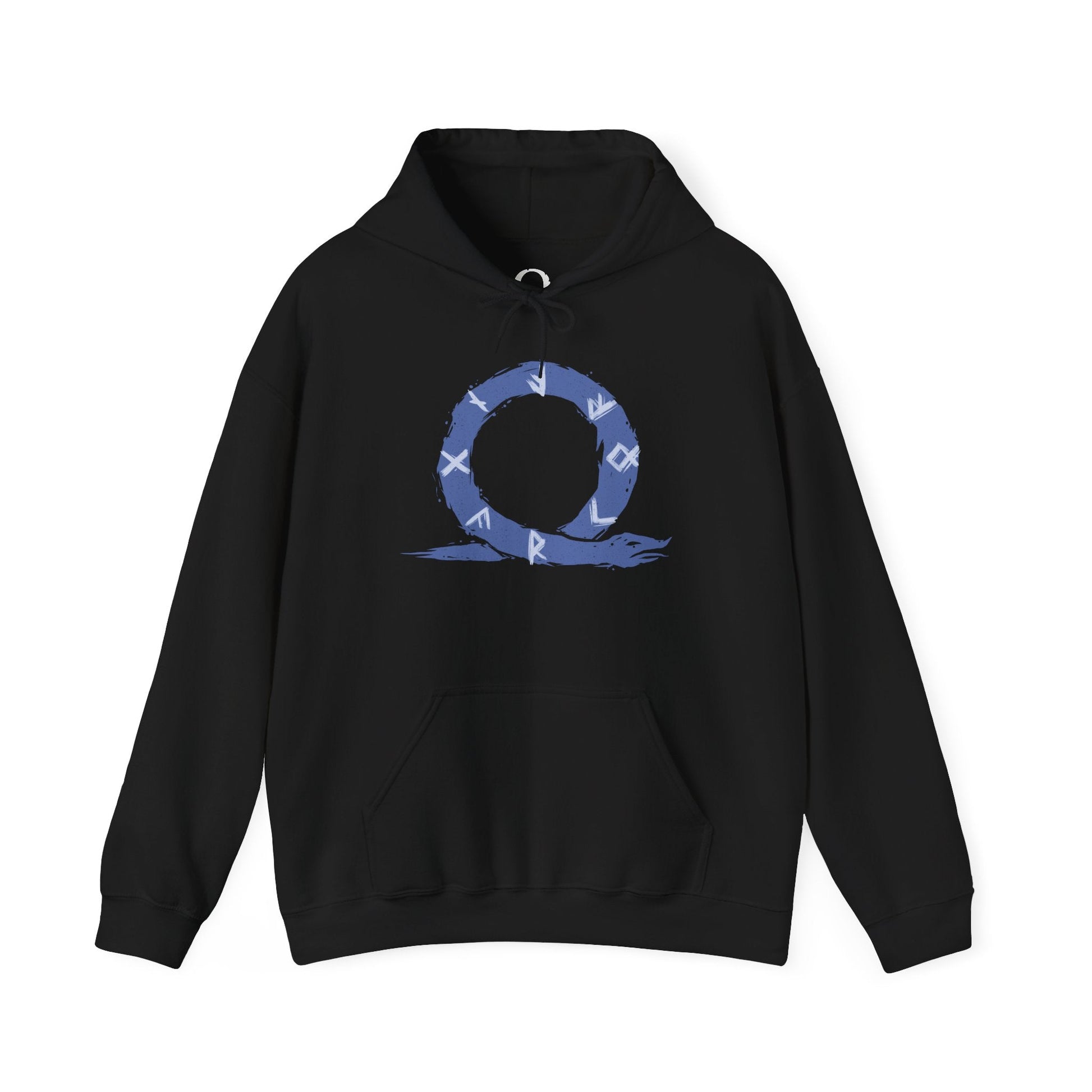 Image 4 of a Hooded Sweatshirt of Kratos standing atop a shattered Nordic landscape, surrounded by ancient runes, icy mountains, and remnants of divine warfare. His stern expression and scarred physique embody countless battles fought against gods and monsters alike. The composition emphasizes power, redemption, and the legendary journey of the Ghost of Sparta as he confronts fate during the end of the Norse world.