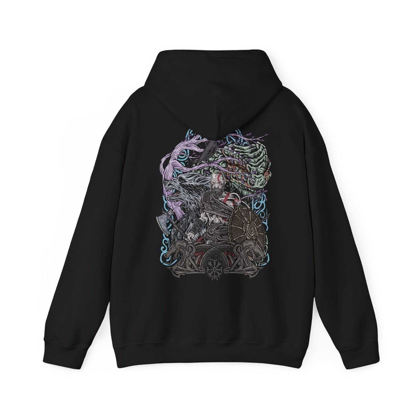 Image 5 of a Hooded Sweatshirt of Kratos standing atop a shattered Nordic landscape, surrounded by ancient runes, icy mountains, and remnants of divine warfare. His stern expression and scarred physique embody countless battles fought against gods and monsters alike. The composition emphasizes power, redemption, and the legendary journey of the Ghost of Sparta as he confronts fate during the end of the Norse world.